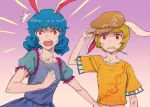  2girls animal_ears blonde_hair blue_hair collarbone hat looking_at_viewer meitei multiple_girls rabbit_ears red_eyes ringo_(touhou) seiran_(touhou) short_hair simple_background surprised sweatdrop touhou 