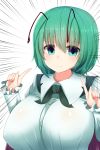  1girl alternate_breast_size antennae bangs blush breasts cape closed_mouth doyagao dress_shirt green_eyes green_hair highres huge_breasts long_sleeves looking_at_viewer shiro_oolong-cha shirt short_hair smile solo touhou white_shirt wriggle_nightbug 