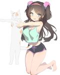 1girl bangs barefoot black_hair black_shorts blue_eyes blush boyshorts breasts cleavage eyebrows_visible_through_hair gym_shorts hairband holding_cat kneeling large_breasts legs_together long_hair looking_at_viewer loungewear muloli navel open_mouth original shorts simple_background smile solo swept_bangs tank_top thighs twintails two_side_up white_background