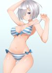  1girl bikini blue_eyes breasts cleavage cowboy_shot front-tie_top gluteal_fold hair_over_one_eye hamakaze_(kantai_collection) hechi_(hechi322) kantai_collection large_breasts looking_at_viewer navel short_hair side-tie_bikini silver_hair simple_background solo striped striped_bikini swimsuit white_background 