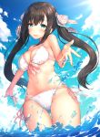  1girl bangs bikini black_hair blue_sky blush breasts cleavage clouds collarbone commentary_request day front-tie_top green_eyes hair_ribbon large_breasts long_hair looking_at_viewer navel open_mouth original outdoors partially_submerged ribbon side-tie_bikini sky smile solo standing swimsuit twintails wading water wet white_bikini yomono 