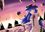  &gt;:) 1girl above_clouds bangs black_hat blue_hair bow bowtie closed_mouth cowboy_shot dress_shirt floating_rock food frilled_shirt frills fruit hat hinanawi_tenshi holding holding_sword holding_weapon leaf long_hair looking_at_viewer luke_(kyeftss) peach puffy_short_sleeves puffy_sleeves rainbow_order red_bow red_bowtie red_eyes shirt short_sleeves smile solo sunrise sword sword_of_hisou touhou weapon 