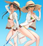  2girls asymmetrical_bikini bag blue_background closed_umbrella embarrassed gradient gradient_background green_eyes green_hair h_k_white hat jacket kantai_collection long_hair matching_outfit mikuma_(kantai_collection) mitsukoshi mogami_(kantai_collection) multiple_girls one_eye_closed shopping_bag short_hair sun_hat twintails umbrella wavy_mouth white_jacket 
