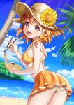  10s 1girl :d absurdres arched_back ass beach bikini bikini_skirt blush bow bowl braid chopsticks clouds cowboy_shot dansa day dutch_angle flower from_side hair_bow hat hat_flower highres holding holding_bowl holding_chopsticks leaning_forward light_rays looking_at_viewer love_live! love_live!_sunshine!! open_mouth orange_bikini orange_hair palm_tree red_eyes ribbon sailor_bikini sailor_collar short_hair side_braid sky smile solo striped striped_bikini sun_hat sunflower swimsuit takami_chika tree yakisoba yellow_ribbon 