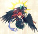  2girls animal_ears arm_cannon back-to-back bird_wings black_hair braid cat_ears kaenbyou_rin long_sleeves meitei multiple_girls pointy_ears red_eyes redhead reiuji_utsuho skull smile spirit sun_(symbol) touhou twin_braids weapon wings 