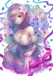  1girl breasts choker cleavage collarbone dress eyebrows_visible_through_hair fate/grand_order fate_(series) flower gloves hair_flower hair_ornament hair_over_one_eye highres large_breasts looking_at_viewer pink_hair purple_ribbon ribbon ribbon_choker shielder_(fate/grand_order) short_hair skirt_hold sleeveless sleeveless_dress smile solo strapless strapless_dress terai_(teraimorimori) violet_eyes white_dress white_flower white_gloves white_ribbon 