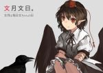  1girl akaiha_(akaihagusk) bird black_hair collared_shirt commentary_request crossed_arms crow frilled_skirt frills hat neck_ribbon pointy_ears red_eyes ribbon shameimaru_aya shirt short_hair short_sleeves skirt smile squatting tokin_hat touhou translation_request wings 