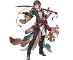  1boy belt blue_eyes brown_hair cain_(granblue_fantasy) full_body granblue_fantasy gun male_focus minaba_hideo official_art one_eye_closed open_mouth solo sword teeth transparent_background weapon 