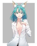  1girl animal_ears aqua_eyes aqua_hair bangs breasts dress_shirt grey_background hair_ornament hairclip hand_on_own_chest highres long_sleeves looking_at_viewer medium_breasts no_bra original shirt smile solo sugi_214 two-tone_background unbuttoned unbuttoned_shirt undressing upper_body 