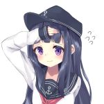  1girl 3: akatsuki_(kantai_collection) alternate_hairstyle anchor_symbol arm_behind_back badge bangs black_hat black_sailor_collar blouse blunt_bangs blush commentary_request flat_cap flat_chest flying_sweatdrops hamaru_(s5625t) hand_on_own_forehead hat long_hair looking_at_viewer neckerchief portrait purple_hair red_neckerchief sailor_collar school_uniform serafuku sidelocks simple_background sleeves_past_wrists solo tsurime violet_eyes wavy_mouth white_background white_blouse 