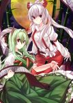  2girls bamboo bangs bow breasts chada_atariatama closed_mouth collared_shirt cowboy_shot dress ex-keine fujiwara_no_mokou full_moon green_dress green_hair hair_between_eyes hair_bow highres horn_bow horns juliet_sleeves kamishirasawa_keine large_breasts long_hair long_sleeves looking_at_viewer medium_breasts moon multiple_girls pants ponytail puffy_short_sleeves puffy_sleeves red_bow red_eyes red_pants scroll shirt short_sleeves smile suspenders touhou very_long_hair white_hair white_shirt 