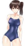  1girl arm_behind_back bangs blush breasts brown_eyes brown_hair collarbone contrapposto covered_navel cowboy_shot eyebrows_visible_through_hair hair_between_eyes highres kaga_(kantai_collection) kantai_collection long_hair looking_at_viewer medium_breasts one-piece_swimsuit parted_lips school_swimsuit shunichi side_ponytail simple_background solo swimsuit thighs white_background 