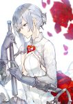  1girl asymmetrical_hair bangs blue_eyes blurry breasts cleavage closed_mouth covered_navel depth_of_field dress eyebrows_visible_through_hair flower gloves grey_gloves hair_between_eyes large_breasts nonomaro red_flower red_rose rose sidelocks silver_hair sinoalice snow_white_(sinoalice) solo upper_body white_dress 