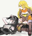 2girls ahoge black_hair blake_belladonna blonde_hair boots breasts cleavage fingerless_gloves gloves hand_on_another&#039;s_head hand_on_own_forehead hand_on_own_knee large_breasts long_hair midriff multiple_girls naizo_(kimosugimasu) navel rwby scarf sketch smile white_background yang_xiao_long 