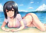  1girl bare_legs barefoot bikini black_hair blue_sky bow braid breasts brown_eyes clouds cloudy_sky collarbone day eyebrows_visible_through_hair hair_bow ichikawa_feesu isonami_(kantai_collection) kantai_collection long_hair lying medium_breasts navel on_side open_clothes open_mouth open_shirt outdoors partially_submerged pink_bikini see-through shirt side-tie_bikini sky solo sunlight swimsuit twin_braids wet wet_clothes wet_shirt 