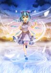  1girl :d abi_(abimel10) bangs black_ribbon blue_eyes blue_hair blue_skirt blue_vest blush bobby_socks bow cirno full_body hair_between_eyes hair_bow highres ice ice_wings looking_at_viewer mary_janes misty_lake neck_ribbon open_mouth outdoors puffy_short_sleeves puffy_sleeves ribbon shoes short_hair short_sleeves skirt skirt_set smile socks solo standing standing_on_liquid touhou vest wings 
