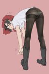  1girl amefre ass bangs bent_over black_boots black_hair black_legwear boots bow dress_shirt from_behind full_body girls_und_panzer girls_und_panzer_ribbon_no_musha hair_bow hair_ribbon looking_at_viewer looking_back mole mole_under_eye no_pants panties panties_under_pantyhose pantyhose parted_lips pink_background red_eyes ribbon school_uniform shirt short_hair short_sleeves side-tie_panties simple_background solo standing thighband_pantyhose tsuruki_shizuka underwear white_shirt 