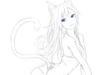  1girl animal_ears arched_back ass bangs bikini blue_eyes breasts cat_ears cat_girl cat_tail cleavage commentary greyscale long_hair looking_at_viewer monochrome original sketch smile solo spot_color sugi_214 swimsuit tail upper_body 