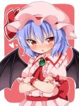  1girl :o bat_wings blue_hair blush bow crossed_arms hat heart highres looking_to_the_side puffy_sleeves red_bow red_eyes remilia_scarlet short_hair solo suwa_yasai touhou upper_body wings wrist_cuffs 