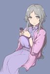  1girl blue_background blush breasts cardigan cellphone dress eyebrows_visible_through_hair grey_eyes grey_hair highres holding holding_phone large_breasts long_hair looking_at_viewer open_cardigan open_clothes original parted_lips phone purple_dress sidelocks simple_background sitting smartphone solo xiu_jiayihuizi 