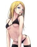  1girl arched_back bare_arms bare_shoulders bikini black_bikini black_bikini_bottom black_bikini_top blonde_hair blue_eyes breasts commentary_request ear_piercing highres long_hair looking_at_viewer medium_breasts navel original piercing simple_background solo string_in_mouth sugi_214 swimsuit thigh-highs upper_body white_background 