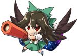  1girl bangs black_hair black_legwear bow brown_wings cape chibi control_rod eyebrows_visible_through_hair full_body green_bow green_skirt hair_between_eyes hair_bow long_hair nobori_ranzu red_eyes reiuji_utsuho sharp_teeth shirt short_sleeves simple_background skirt smirk solo teeth touhou white_background white_shirt wings 