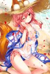  1girl ;3 animal_ears arm_support bangs beach bikini bikini_under_clothes blue_bikini blush bracelet breasts cleavage covered_navel day ears_through_headwear eyebrows_visible_through_hair fate/grand_order fate_(series) fox_ears fox_tail hat head_tilt jewelry long_hair looking_at_viewer low_twintails medium_breasts nogi_takayoshi one_eye_closed outdoors petals pink_hair sand sandals see-through shawl shirt side-tie_bikini sitting smile solo star straw_hat sun_hat swimsuit tail tamamo_(fate)_(all) tamamo_no_mae_(swimsuit_lancer)_(fate) twintails water wet wet_clothes wet_shirt yellow_eyes 