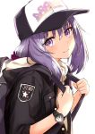  1girl absurdres backpack bag bangs baseball_cap black_hat black_jacket blush bow breast_pocket closed_mouth eyebrows_visible_through_hair hair_between_eyes hair_bow hat highres hood hood_down hooded_jacket jacket long_hair long_sleeves looking_at_viewer low_ponytail miruto_netsuki original pocket purple_bow purple_hair sidelocks simple_background sleeves_pushed_up smile solo standing upper_body violet_eyes watch watch white_background 