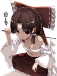 1girl bangs bare_shoulders bow breasts brown_hair cleavage commentary_request detached_sleeves eyebrows_visible_through_hair gohei hair_bow hair_tubes hakurei_reimu highres holding looking_at_viewer medium_breasts navel red_bow red_eyes red_skirt ribbon-trimmed_sleeves ribbon_trim sarashi skirt solo squatting touhou zuttokodomo 