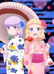  2girls :d absurdres blonde_hair blue_eyes eyebrows_visible_through_hair fish floral_print flower goldfish hair_bobbles hair_flower hair_ornament highres holding holding_umbrella japanese_clothes kimono long_hair looking_at_viewer multiple_girls new_game! obi open_mouth oriental_umbrella pink_kimono purple_hair red_flower sakura_nene sash smile standing suzukaze_aoba umbrella violet_eyes white_kimono white_umbrella yukata 