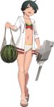  1girl basket bikini black_hair food fruit kantai_collection mogami_(kantai_collection) sandals shibafu_(glock23) short_hair smile sweater swimsuit transparent_background turret watermelon 