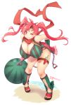  1girl absurdres bare_shoulders beach breasts brown_eyes cleavage deto food food_print fruit full_body highres huge_breasts leaning_forward long_hair looking_at_viewer one_eye_closed parted_lips pink_hair sand sandals shironeko_project solo standing translation_request watermelon watermelon_print 