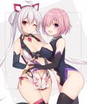  2girls :d ;) ahoge bangs black_gloves black_legwear black_leotard blush breasts cleavage closed_mouth collarbone detached_sleeves elbow_gloves fate/grand_order fate_(series) gloves hair_between_eyes hair_over_one_eye hairband hand_holding highres large_breasts leotard long_hair looking_at_viewer matoi_(pso2) multiple_girls muryou navel one_eye_closed open_mouth phantasy_star phantasy_star_online_2 red_eyes shielder_(fate/grand_order) short_hair sidelocks silver_hair smile thigh-highs thighs twintails violet_eyes 