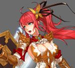  1girl armor black_ribbon blue_eyes blush breasts cleavage dungeon_and_fighter eyebrows_visible_through_hair hair_ribbon kit_park large_breasts long_hair looking_away open_mouth ponytail redhead ribbon shield solo 