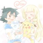  1boy 1girl alolan_vulpix black_hair blonde_hair blush lillie_(pokemon) pikachu pokemon pokemon_(anime) pokemon_(game) pokemon_sm satoshi_(pokemon) 