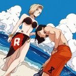  1boy 1girl android_17 android_18 beach bikini black_hair blonde_hair blue_eyes breasts cleavage dragon_ball dragonball_z flip-flops grey_eyes groin hand_in_pocket hand_on_hip large_breasts leaning_forward legs_crossed looking_at_viewer male_swimwear muscle navel ocean red_ribbon red_ribbon_army ribbon sandals sarong short_hair swim_trunks swimsuit swimwear tama_azusa_hatsu tattoo water 