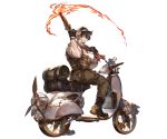  1boy back barowa beard belt boots brown_eyes brown_hair doraf facial_hair fire full_body gloves goggles goggles_on_headwear granblue_fantasy ground_vehicle gun hat horns male_focus minaba_hideo motor_vehicle motorcycle official_art open_mouth sitting solo transparent_background weapon 