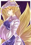  1girl blonde_hair blush breasts chada_atariatama cowboy_shot dress fox_tail from_side hands_in_sleeves hat highres kyuubi looking_away medium_breasts multiple_tails pillow_hat short_hair solo tabard tail tassel touhou white_dress wide_sleeves yakumo_ran yellow_eyes 