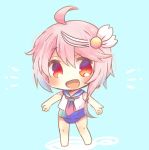  1girl blue_background blue_swimsuit chibi full_body i-58_(kantai_collection) kantai_collection kouu_hiyoyo looking_at_viewer neckerchief outstretched_arms pink_eyes red_eyes school_swimsuit school_uniform serafuku short_hair simple_background solo standing swimsuit swimsuit_under_clothes 