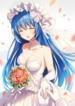  1girl ^_^ bare_shoulders bison_cangshu blue_hair bouquet breasts bridal_veil closed_eyes dress elbow_gloves eyebrows_visible_through_hair flower gloves hair_flower hair_ornament jewelry long_hair medium_breasts necklace petals quincy_(zhan_jian_shao_nyu) red_rose ring rose smile solo_focus veil wedding_dress white_dress white_gloves zhan_jian_shao_nyu 