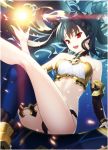  1girl :d arm arm_support armlet asymmetrical_legwear asymmetrical_sleeves bare_arms bare_legs bare_shoulders black_detached_sleeves black_hair black_panties black_ribbon blue_legwear breasts cleavage collar cropped crown earrings embers eyebrows_visible_through_hair fate/grand_order fate_(series) female floating_hair hair_ribbon hand_up head_tilt highres hoop_earrings ishtar_(fate/grand_order) jewelry leaning leaning_to_the_side leg_up legs legs_crossed long_hair looking_at_viewer magic medium_breasts midriff navy_blue_legwear neck open_mouth outstretched_hand panties red_eyes revealing_clothes ribbon round_teeth single_detached_sleeve single_sleeve single_thighhigh sitting smile solo space strapless teeth thigh-highs thighlet tohsaka_rin tubetop two_side_up type-moon white_tubetop yangsion 