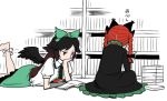  2girls animal_ears bird_wings black_hair bow braid cat_ears hair_bow kaenbyou_rin library lying meitei multiple_girls on_stomach reading red_eyes redhead reiuji_utsuho sitting touhou twin_braids wings 