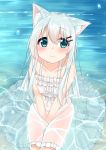  1girl animal_ears bare_arms bare_shoulders between_legs blue_eyes blush cacao_(chocolat) cat_ears chocola_(cacao) collarbone commentary_request dress eyebrows_visible_through_hair from_above hair_between_eyes hair_ornament hairclip hand_between_legs highres long_hair looking_at_viewer original shallow_water silver_hair sitting smile solo sundress v_arms very_long_hair water water_drop wet wet_clothes wet_dress wet_hair white_dress 
