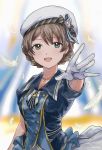  1girl ahoge bangs beret blush braid breasts dress earrings feathers gloves green_eyes hat idolmaster idolmaster_million_live! idolmaster_million_live!_theater_days jewelry light_brown_hair looking_at_viewer necklace open_mouth outstretched_arm sakuramori_kaori sh1taten smile tied_hair white_gloves 