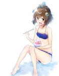  1girl :d amayu bangs bare_arms bare_legs bare_shoulders barefoot bikini blue_bikini blush bowl breasts brown_eyes brown_hair collarbone commentary_request eyebrows_visible_through_hair halter_top halterneck headgear holding holding_bowl kantai_collection knees_together_feet_apart looking_at_viewer medium_breasts open_mouth shaved_ice short_hair simple_background sitting small_breasts smile solo swimsuit toenails toes upper_teeth white_background yukikaze_(kantai_collection) 