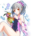 1girl breasts brown_eyes closers coconut covered_navel empty_eyes expressionless grey_hair hair_ornament hair_scrunchie looking_at_viewer nail_polish official_art one-piece_swimsuit open_mouth pink_nails ponytail scrunchie small_breasts solo swimsuit tina_(closers) transparent_background watch watch water_drop wet wet_hair 