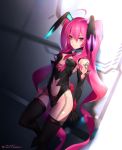  1girl absurdly_long_hair against_wall ahoge animal_ears black_gloves black_legwear blurry blush bokeh breasts bunny_girl bunny_tail bunnysuit cleavage_cutout closed_mouth depth_of_field dutch_angle elbow_gloves fake_animal_ears fu-mi.a gloves grace_(sound_voltex) hair_between_eyes hairband highres leg_up leotard long_hair looking_at_viewer mini_necktie navel navel_cutout pink_eyes pink_hair rabbit_ears small_breasts solo sound_voltex tail tattoo thigh-highs very_long_hair 