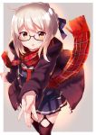  1girl ahoge artoria_pendragon_(all) black-framed_eyewear blonde_hair braid commentary_request fate/grand_order fate_(series) glasses highres keshiks_(keshiksext) long_sleeves looking_at_viewer mysterious_heroine_x_(alter) plaid plaid_scarf red_scarf scarf school_uniform semi-rimless_glasses solo thigh-highs under-rim_glasses yellow_eyes 