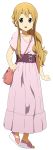  1girl absurdres black_eyes collarbone dress full_body highres k-on! kicchi_(tmgk) kotobuki_tsumugi light_brown_hair long_dress long_hair looking_at_viewer open_mouth pink_dress short_sleeves simple_background solo standing very_long_hair white_background 