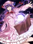 1girl bangs blue_bow blue_ribbon bow bowtie chada_atariatama cowboy_shot crescent dress hair_bow hat hat_ribbon highres long_hair long_sleeves looking_away mob_cap open_mouth outstretched_arm pajamas patchouli_knowledge purple_hair red_bow red_bowtie red_ribbon ribbon solo striped touhou vertical-striped_dress vertical_stripes violet_eyes 
